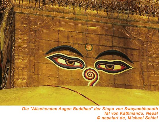 Die allsehenden Augen Buddhas der Stupa von Swayambhunath in Nepal