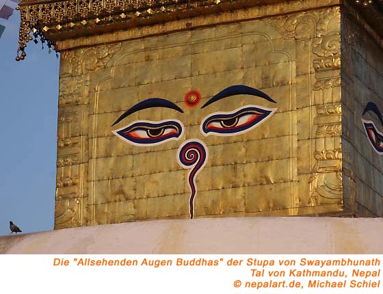 Die allsehenden Augen Buddhas der Stupa von Swayambhunath in Nepal