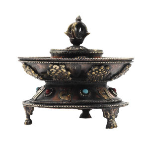 Runder Räucherstäbchenhalter, Om Mani, Glückssymbole 02, Nepal