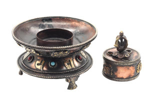Runder Räucherstäbchenhalter, Om Mani, Glückssymbole 02, Nepal