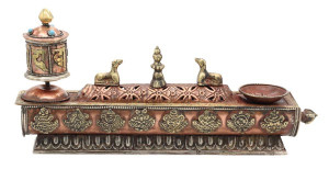 Großer Metall-Ständer mit Gebetsmühle, Teelichtständer, Glückssymbole, Nepal