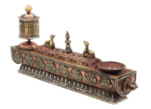 Großer Metall-Ständer mit Gebetsmühle, Teelichtständer, Glückssymbole, Nepal