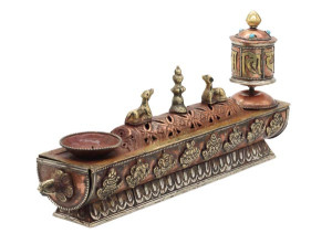 Großer Metall-Ständer mit Gebetsmühle, Teelichtständer, Glückssymbole, Nepal