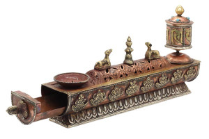 Großer Metall-Ständer mit Gebetsmühle, Teelichtständer, Glückssymbole, Nepal
