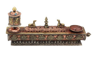 Großer Metall-Ständer mit Gebetsmühle, Teelichtständer, Glückssymbole, Nepal