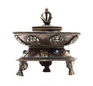 Runder Räucherstäbchenhalter, Om Mani, Glückssymbole 01, Nepal