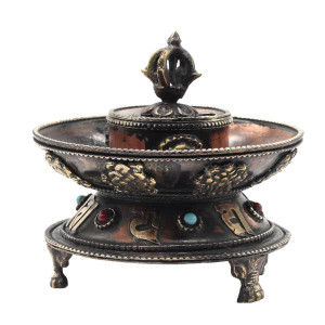 Runder Räucherstäbchenhalter, Om Mani, Glückssymbole 02, Nepal