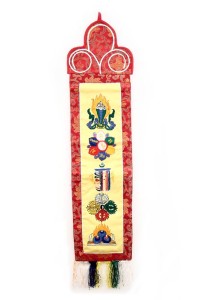 Wandbehang, verschiedene buddhistische Symbole, gelb