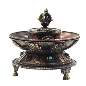 Runder Räucherstäbchenhalter, Om Mani, Glückssymbole 02, Nepal