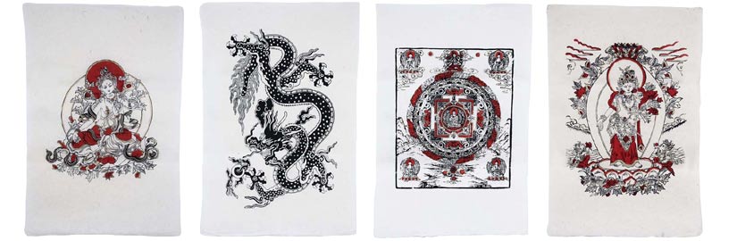 Papierbögen, Gottheiten, Mandalas und Drachen